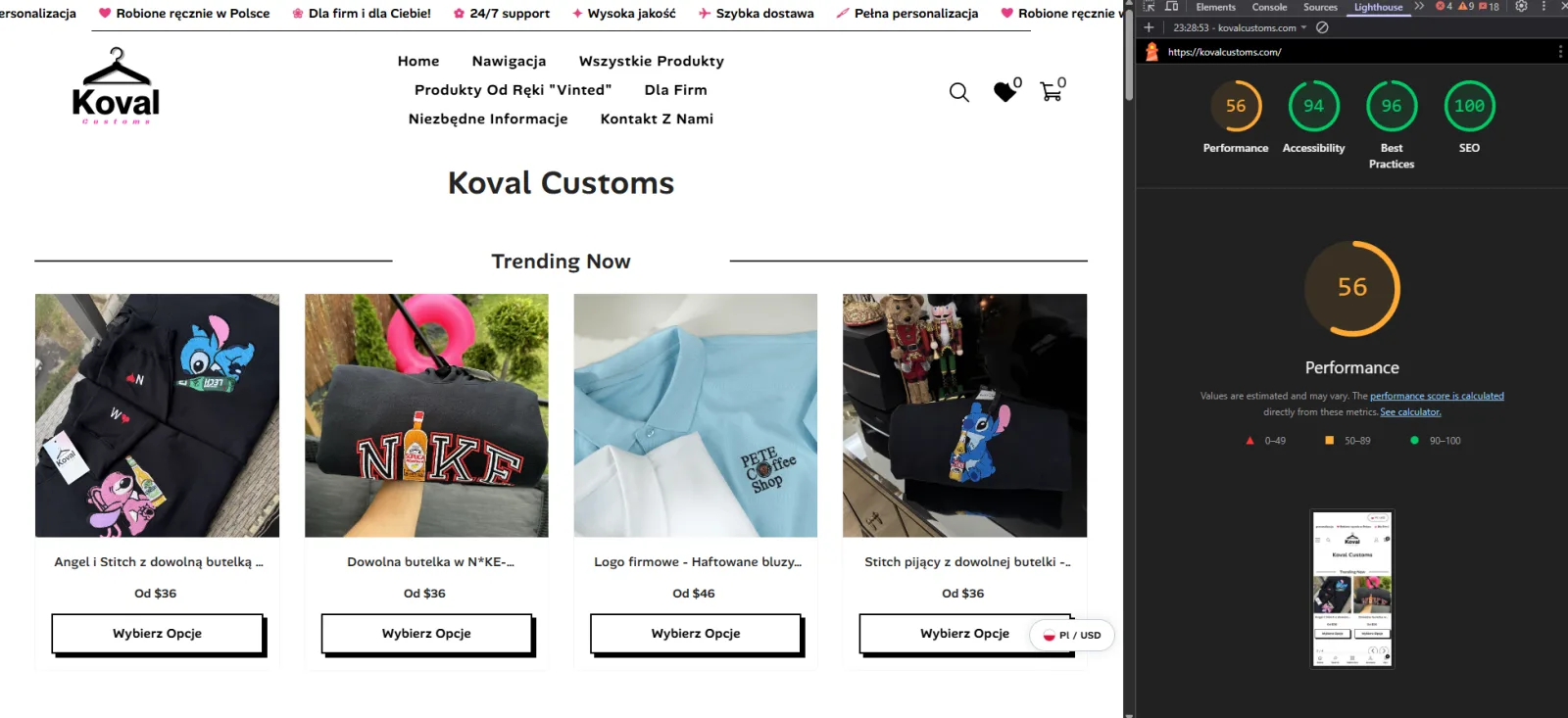 Koval Customs przed optymalizacją – Lighthouse Performance 56