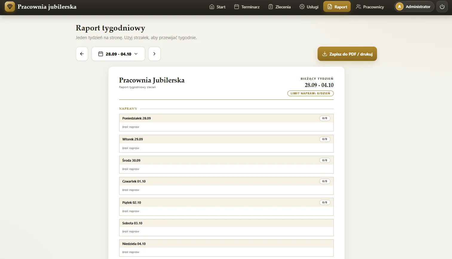 Raport tygodniowy napraw z obłożeniem każdego dnia i przyciskiem zapisu do PDF