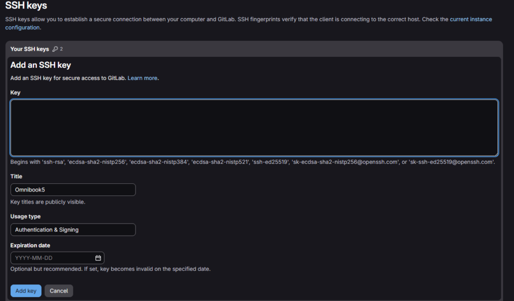 Formularz dodawania nowego klucza SSH w GitLab.