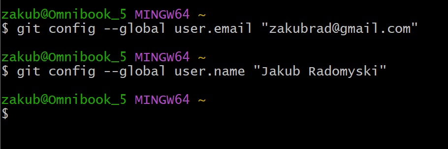 Ustawianie globalnej nazwy i adresu e-mail autora w Git.