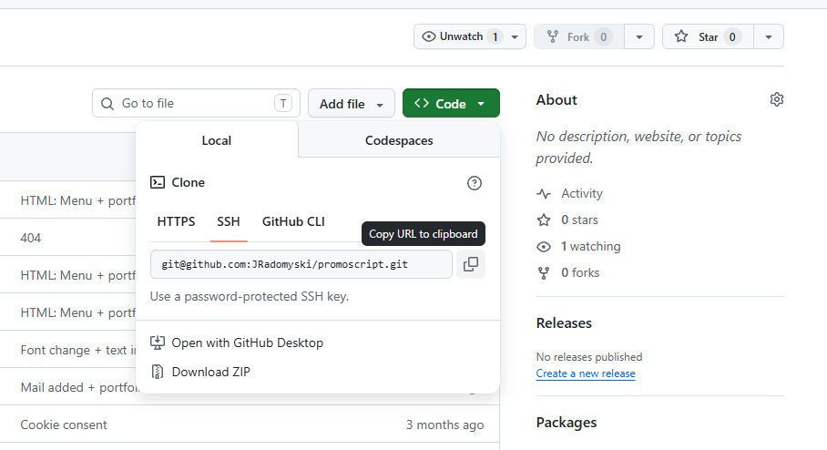 Adres SSH repozytorium w menu Code na GitHub.