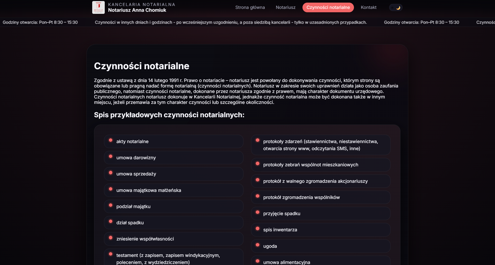 Spis czynności notarialnych na nowej stronie